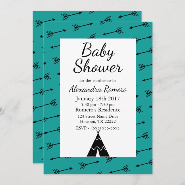 Convite Setas tribais pretas e Chá de fraldas TeePee (Frente/Verso)