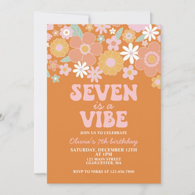 Convite Sete é uma vibe Groovy Floral Retro aniversário de (Frente)