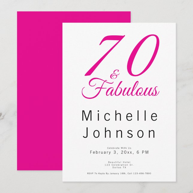 Convite Setenta e Fabuloso Minimal Rosa Aniversário de 70  (Frente/Verso)