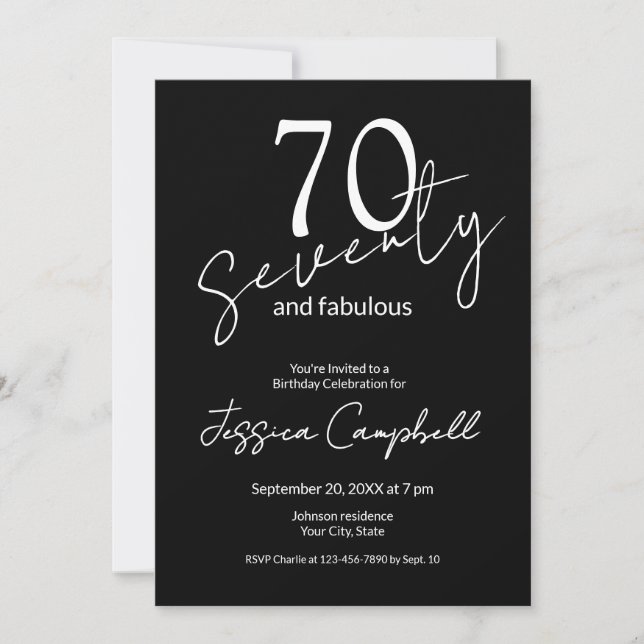 Convite Setenta e Fabuloso Script Preto Aniversário de 70  (Frente)