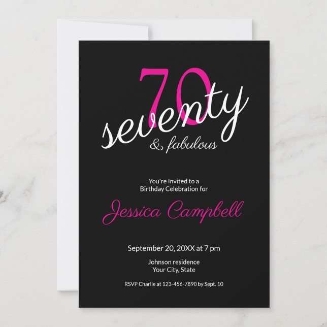 Convite Setenta e Fabuloso Script Preto Aniversário de 70  (Frente)