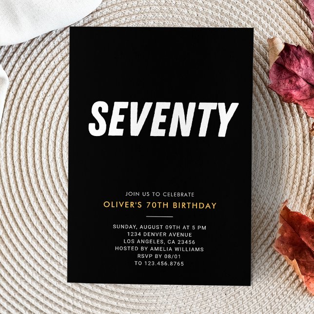 Convite Setenta | Festa de aniversário Dourada e preto sim (Seventy | Simple Black & Gold 70th Birthday Party Invitation
)