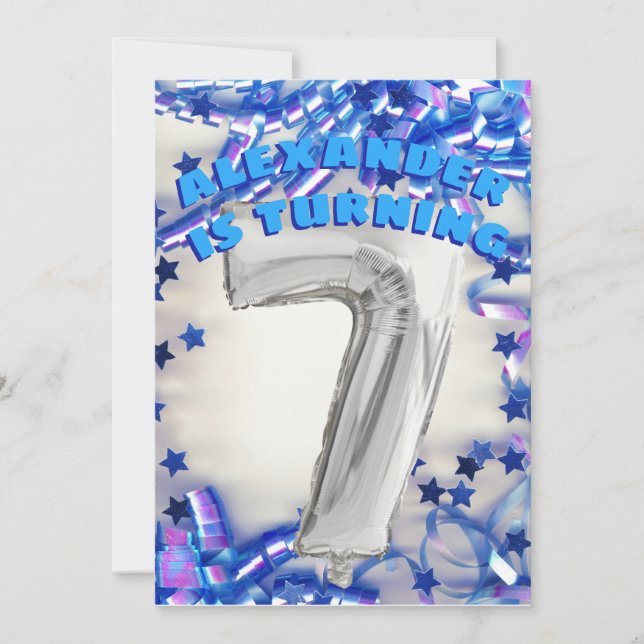 Convite Sétima Festa de Prata de Aniversário e Azul, 7 Men (Frente)