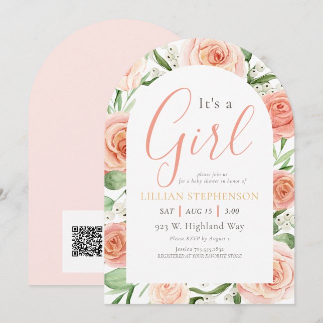 Convite Seu Código QR de Chá de Bebê Rosa Floral É uma Men (Frente/Verso)