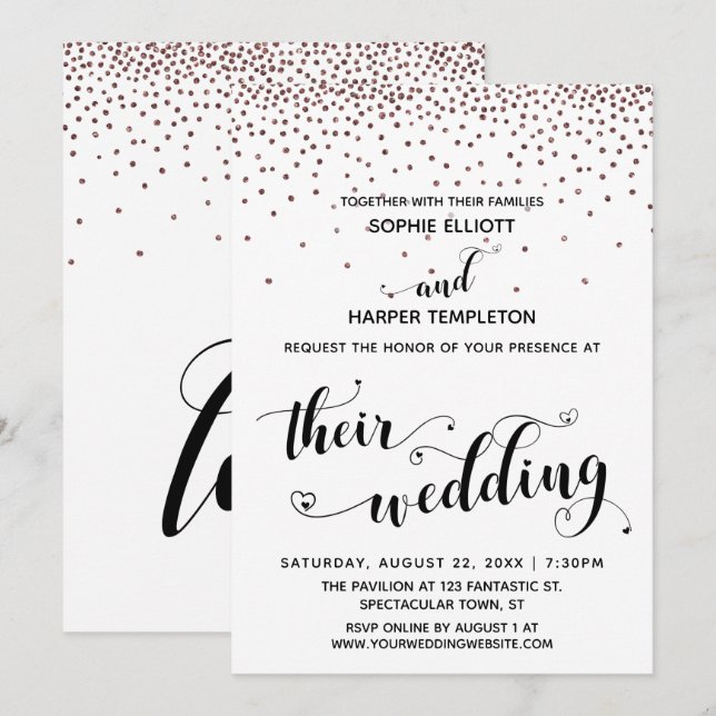 Convite Seu Coração de Casamento Script Rosé Dourado Confe (Frente/Verso)