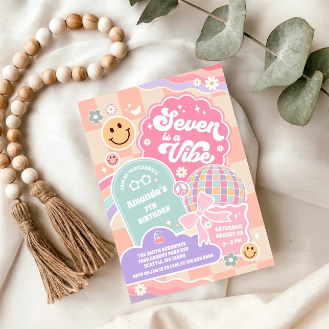 Convite Seven Is A Vibe Cloud Rainbow Disco 7th Birthday (Criador carregado)