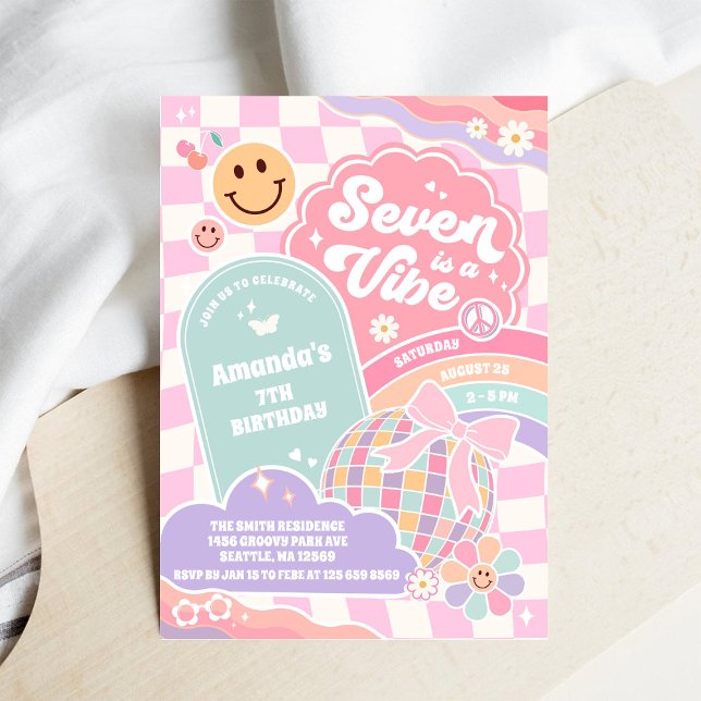 Convite Seven Is A Vibe Cloud Rainbow Disco 7th Birthday  (Criador carregado)