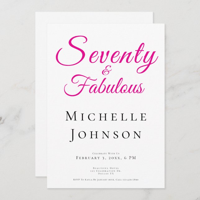 Convite Seventy and Fabulous Minimal Pink 70th Birthday (Frente/Verso)