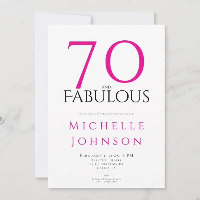 Convite Seventy and Fabulous Minimal Pink 70th Birthday (Frente)