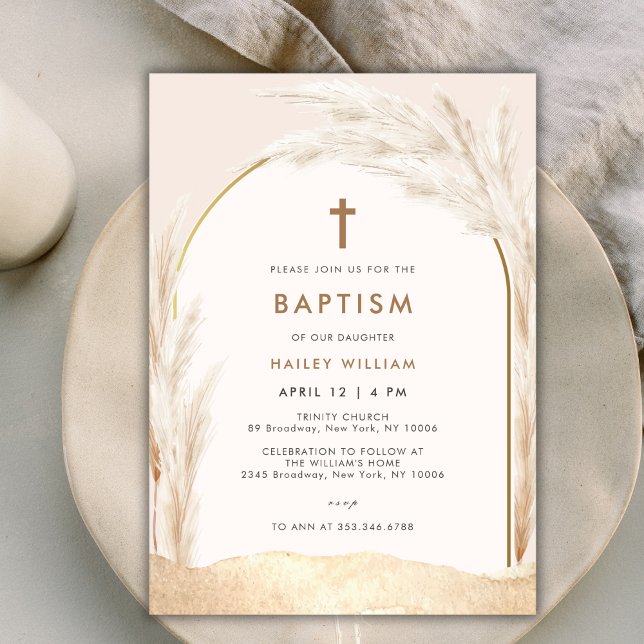 Convite Sexo Batismo Cruzado Boho Pampas (Gender Neutral Boho Pampas Cross Baptism Invitation)