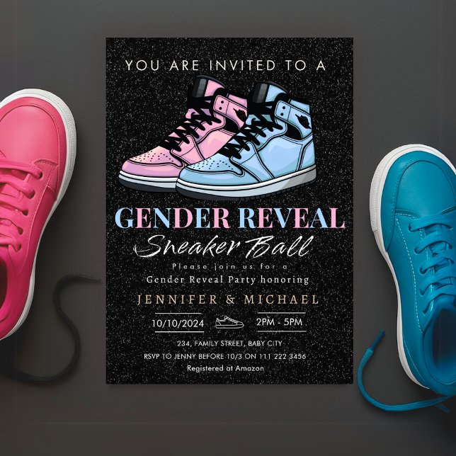 Convite Sexo da Bola do Sneaker Revela Azul ou Rosa (Sneaker Ball Gender Reveal Blue or Pink Invitation)