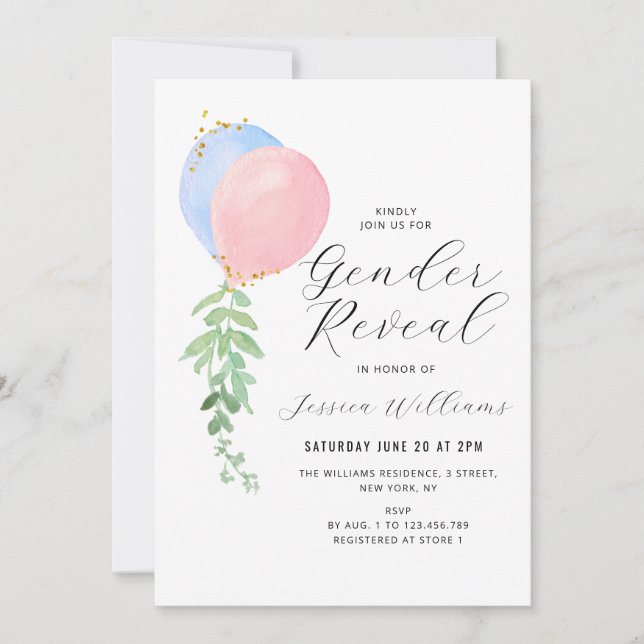 Convite sexo de bebê de balão azul e rosa (Frente)