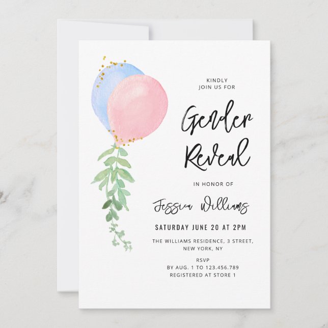 Convite sexo de bebê de balão azul e rosa (Frente)