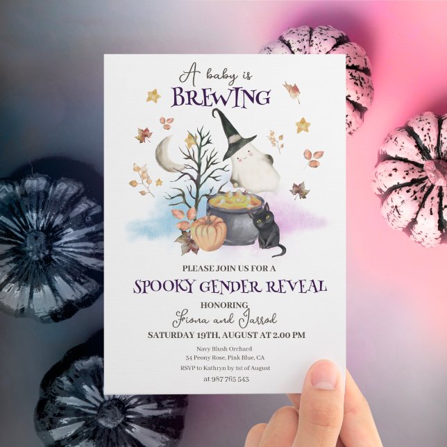 Convite Sexo de Halloween O Bebê está a criar (.Baby is brewing gender reveal invitation.)