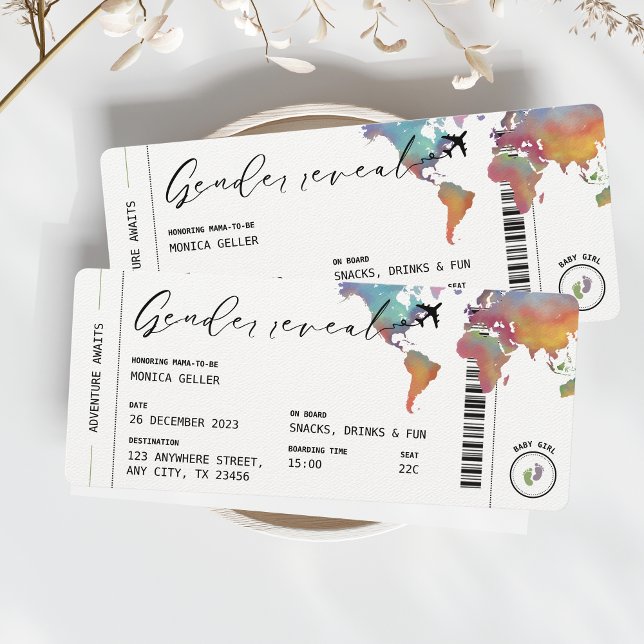 Convite Sexo de Passagem de Embarque Revelar Viagem de Aqu (Gender Reveal Boarding Pass Watercolor Travel Aesthetic Unique Invitation Boy or Girl)