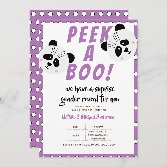 Convite Sexo de Peek-A-Boo Revelação Panda Urso Roxo Bebê (Frente/Verso)
