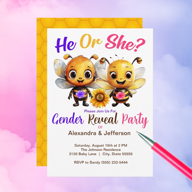 Convite Sexo - Festa de Revolução, Ele ou Ela, Chá De Bebê (Gender Reveal Party He or She Baby Bee Shower Invitation)
