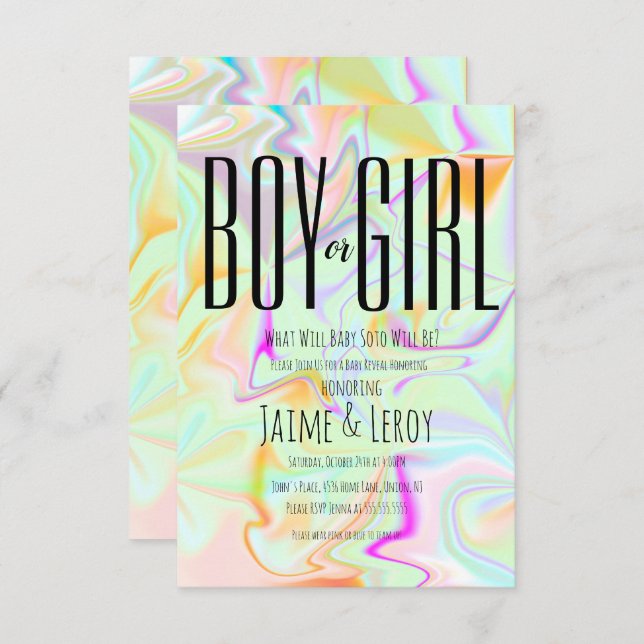 Convite Sexo Líquido Iridescente Revela Ele ou Ela (Frente/Verso)