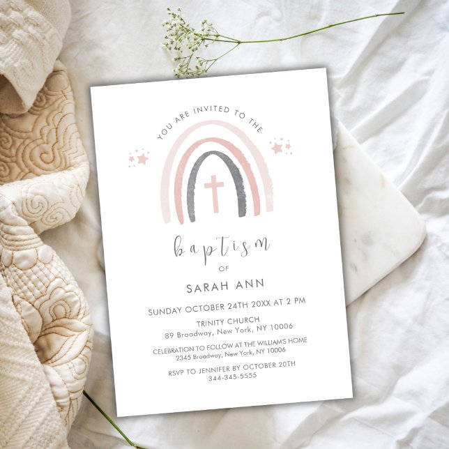 Convite Sexo Neutro Boho Arco Arco-Íris Cruzado Batismo (Gender Neutral Boho Rainbow Cross Baptism Invitation)