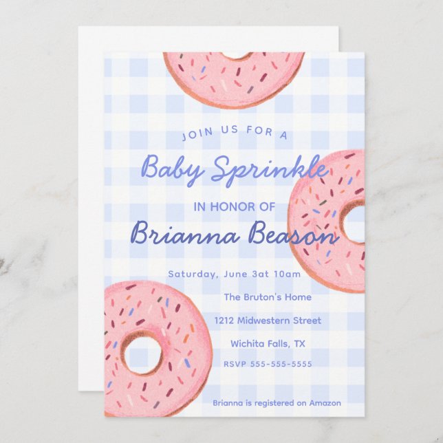 Convite Sexo Neutro, Gingham & Rosquinha Baby Sprinkle (Frente/Verso)