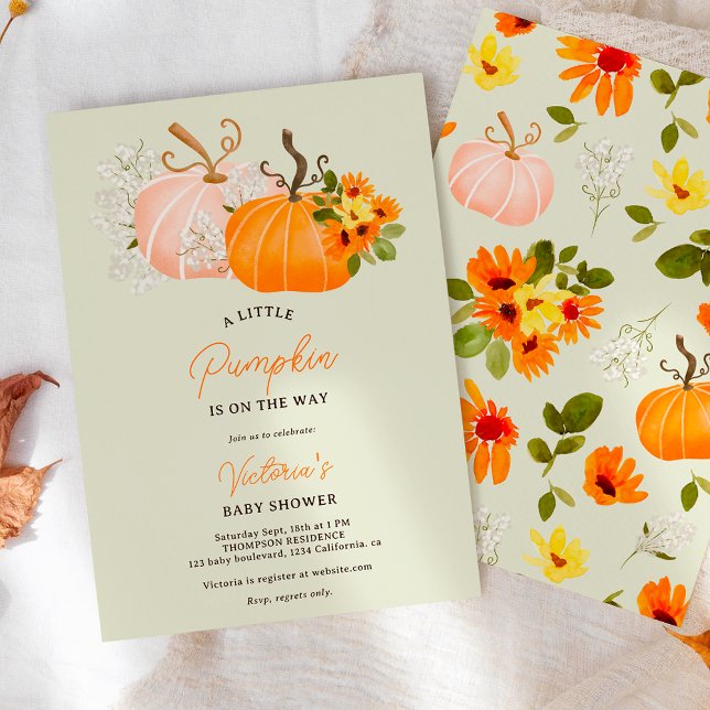 Convite Sexo neutro queda pequena chá de fraldas de abóbor (Gender neutral fall little pumpkin baby shower invitation)