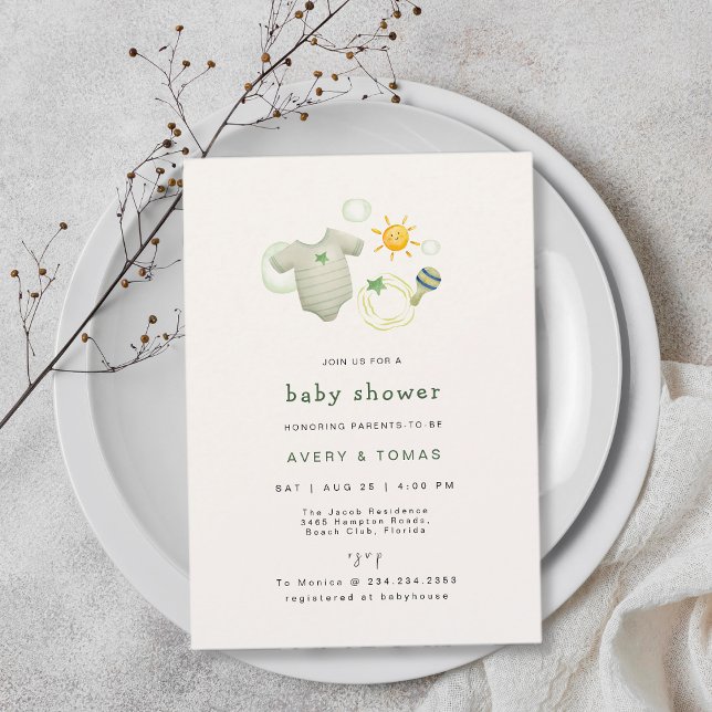 Convite Sexo Neutro Sage Green Baby Clothes Toys Chá (Gender Neutral Sage Green Baby Clothes Toys Shower Invitation)