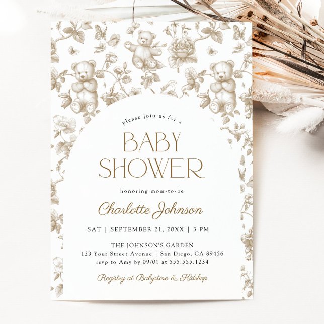 Convite Sexo Neutro Urso de Teddy Toile de Jouy (Gender Neutral Teddy Bear Toile de Jouy Invitation)