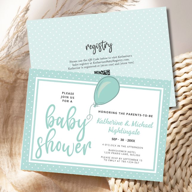 Convite Sexo Pais Neutros Mint QR Code Chá de fraldas (Gender Neutral Pastel Green Parents Baby Shower Invitation with QR code, balloon, polka dots.)