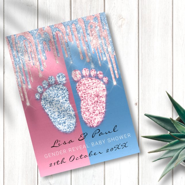 Convite Sexo Revela Brilhante Derrame Rosa Menino Azul (Gender Reveal Glitter Drip Pink Blue Baby Boy Girl Invitation)