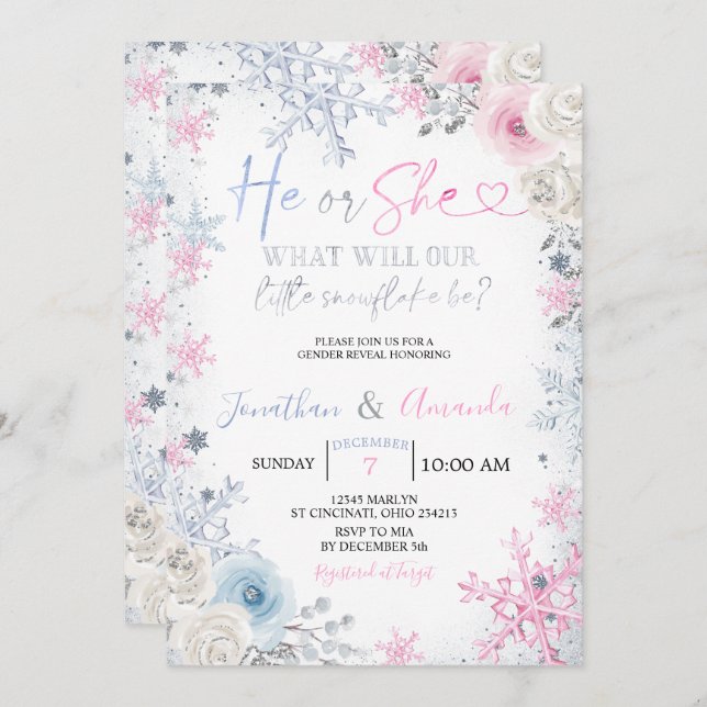 Convite Sexo Revela Ele ou Ela Flocos De Neve De Inverno (Frente/Verso)