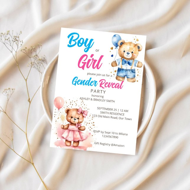 Convite Sexo revela ursinho bonitinho ou modelo (Gender reveal template invitation digital download cute teddy bear girl and boy balloons he or she)