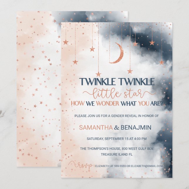 Convite Sexo Revelar Convite, Rosa Esbranquiçada e Azul Ma (Frente/Verso)