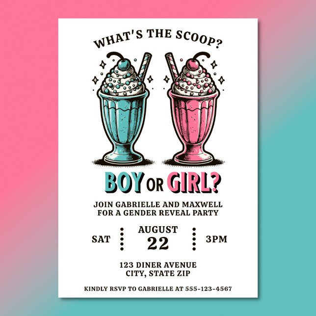 Convite Sexo Revele Sorvete Sorvetes Rosa E Azul (Gender reveal party invitations with 1950s inspired ice cream milkshakes)