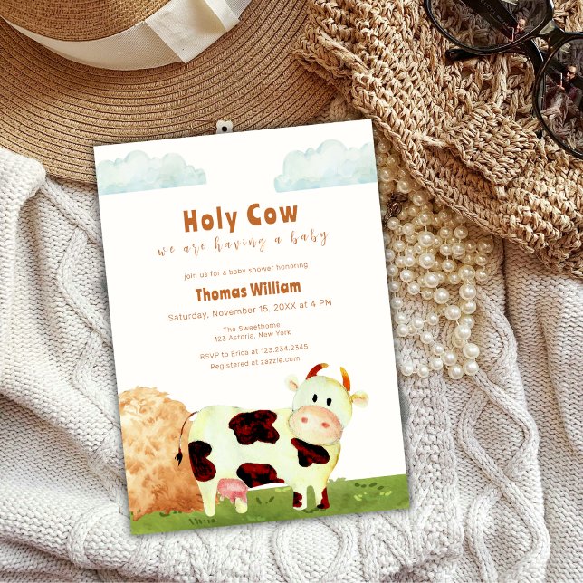 Convite Sexo Santa Fazenda  Chá de fraldas animal (Gender Neutral Holy Cow Farm Animal Baby Shower Invitation)