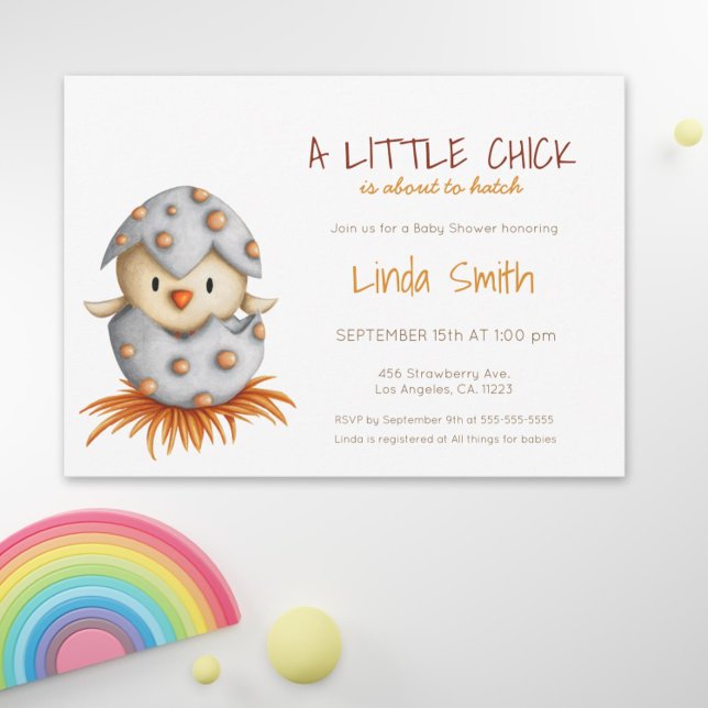 Convite Sexo Simples Fazenda de Ataque de Aves Neutra (Gender Neutral Baby Shower Invitation with a Bird Hatching by Kinda Cute by Patricia Alvarez)
