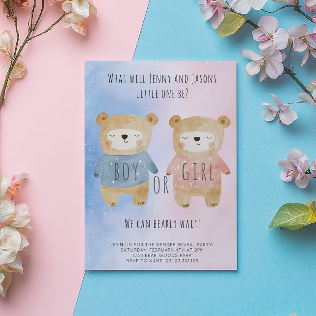 Convite Sexo Ursos Reveladores Estimulados cor-de-rosa fun (Cute sleepy bears one in pink, on in blue gender reveal invitation card. The card says "Boy or Girl")
