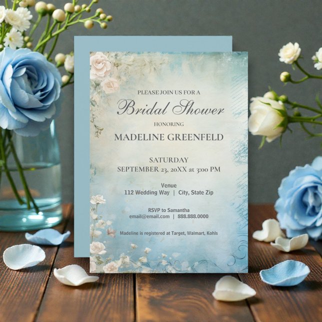 Convite Shabby Chic Baby Blue Floral Bridal Shower (Criador carregado)