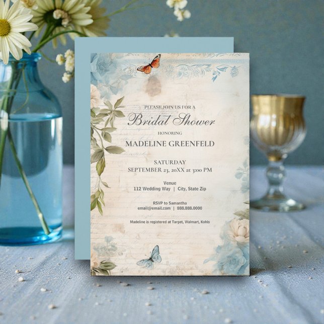 Convite Shabby Chic Baby Blue Floral Bridal Shower (Criador carregado)