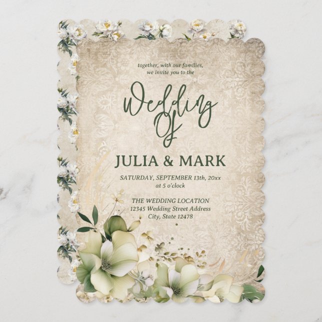 Convite Shabby Chic Green And Beige Floral Wedding  (Frente/Verso)
