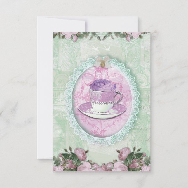 Convite Shabby Chic Green and lilac "Tea Party" (Frente)