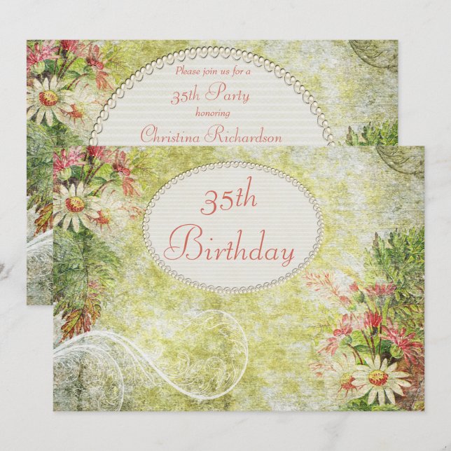 Convite Shabby Chic Sweet 35º Aniversário & Flores Silvest (Frente/Verso)