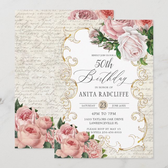 Convite Shabby Chic Vintage Rosas Francesas Aniversário QU (Frente/Verso)