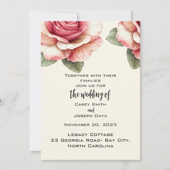 Convite Shabby Pink Rose Wedding  (Frente)