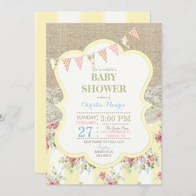 Convite Shabby Russo Chic Lace Burlap (Frente/Verso)