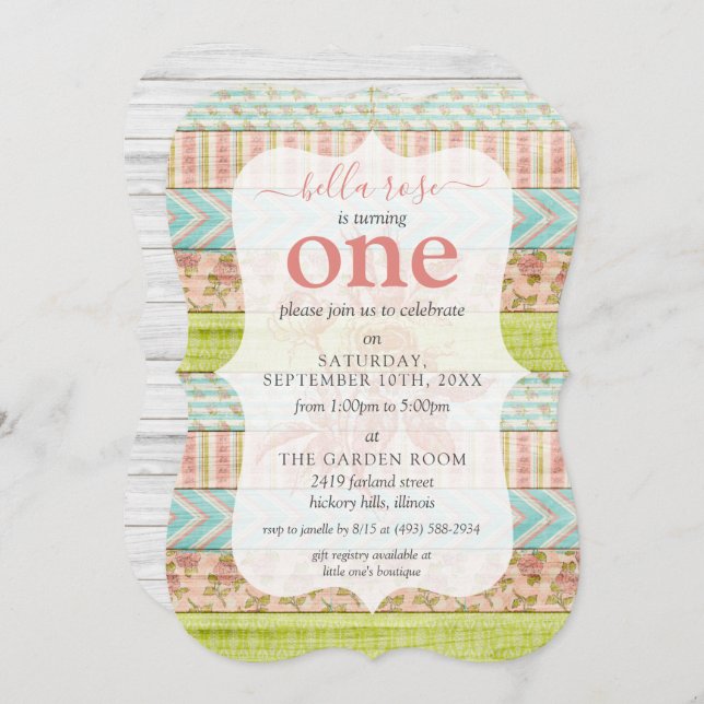 Convite Shabby's Birthday Rosa Algodão Madeira Russa (Frente/Verso)