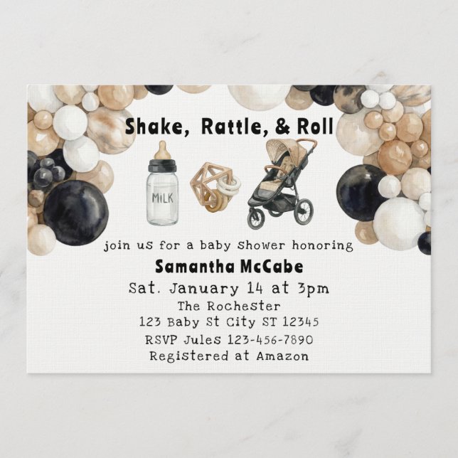 Convite Shake, Rattle, Roll & Balloon Arch Baby Shower (Frente)