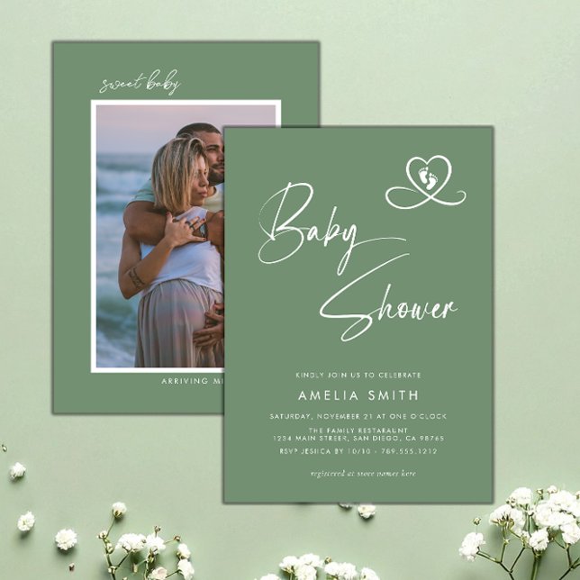 Convite Shale Green Photo Baby Shower Invitation (Criador carregado)