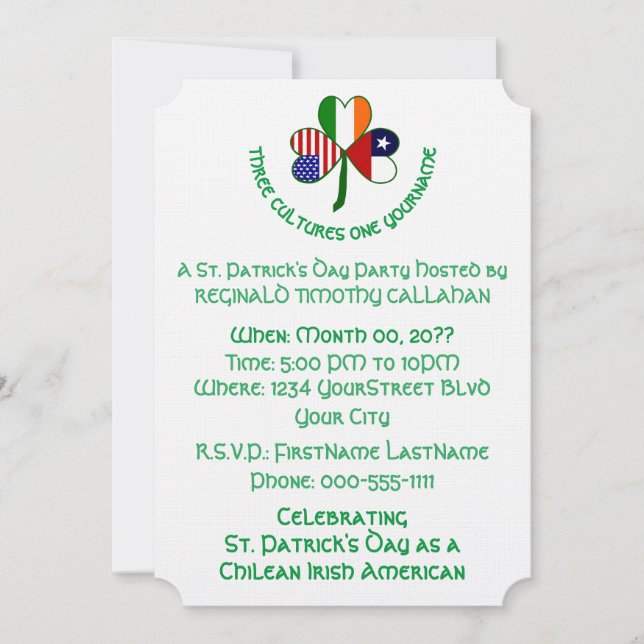 Convite Shamrock Chilean Ireland USA Personalize Text (Frente)
