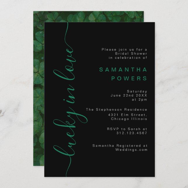 Convite Shamrock Lucky in Love Chá de panela (Frente/Verso)