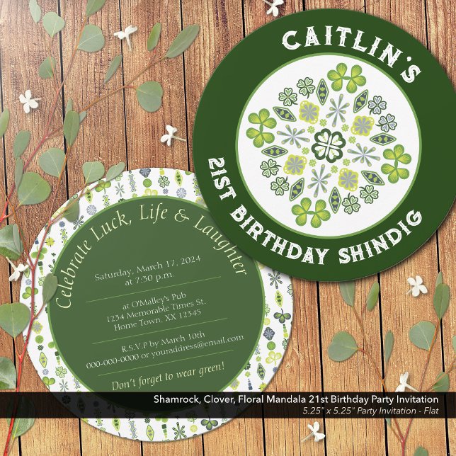 Convite Shamrock Mandala - aniversário de 21 anos (Shamrock, Clover, and Floral Lucky Mandala: 21st Birthday Party Invitation)
